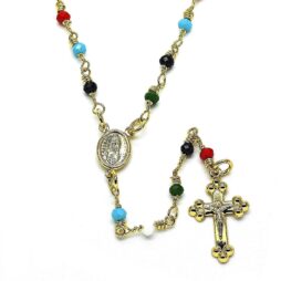 Guadalupe and Crucifix Design with Multicolor Beads Rosary in Gold Layered