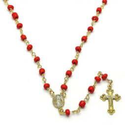 Guadalupe and Crucifix Design with Red Azabache Rosary in Gold Layered