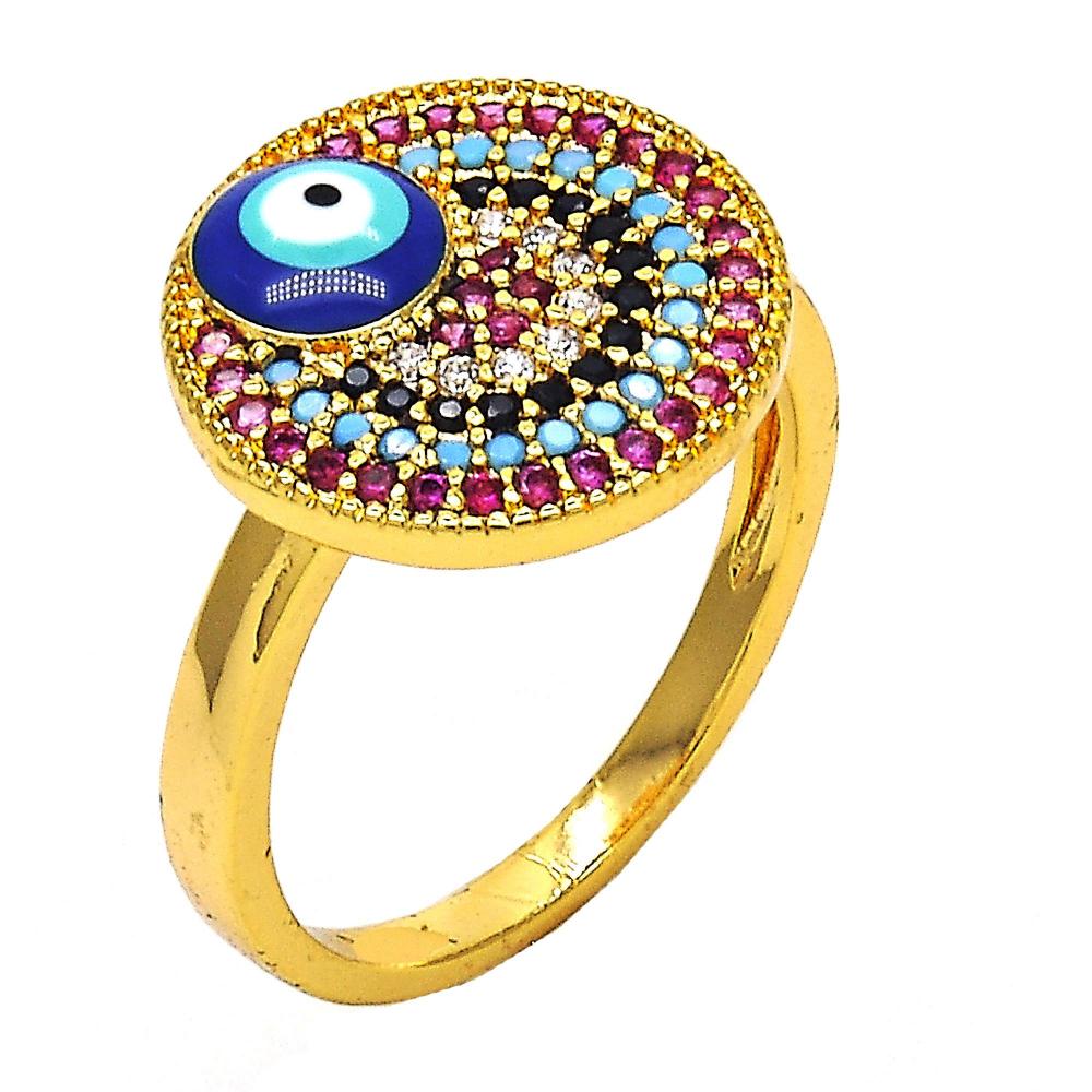 Gold Ring with Blue Evil eye and Multicolor Gemstones
