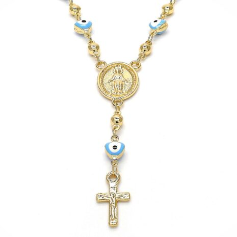 Virgen María and Crucifix Design with Blue Lucky Eyes Rosary in Gold Layered