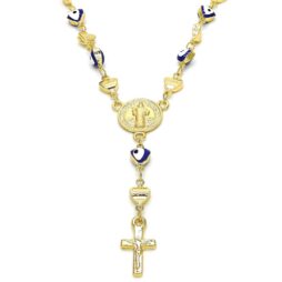 San Benito and Crucifix Design with Blue Lucky Eyes Rosary in Gold Layered
