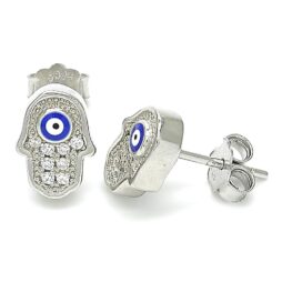 Stud Earrings Hand & Blue Eye Design with CZ Stones - Silver Tone