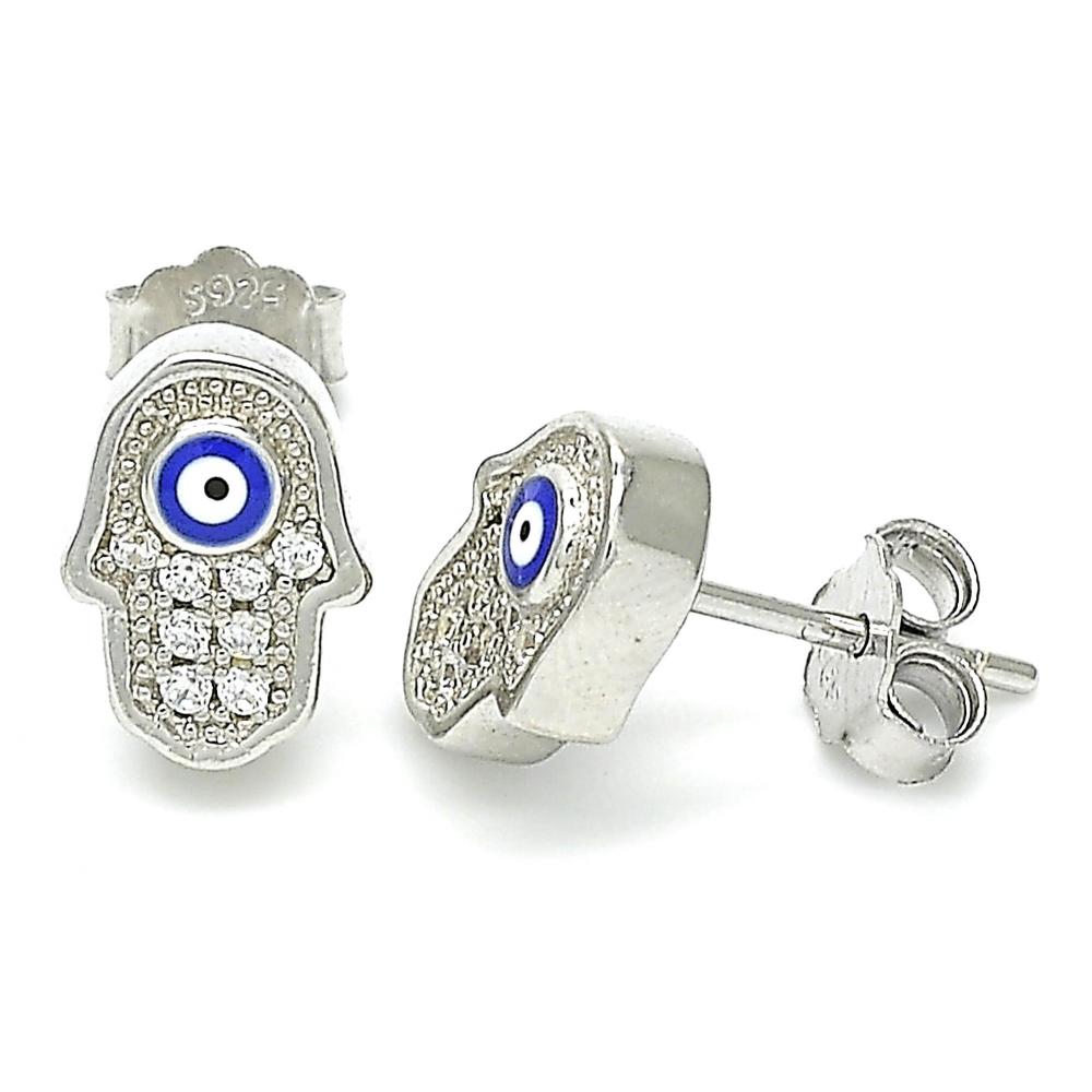 Silver Earrings with Silver Rhinestone Hamsa and Blue Evil Eye