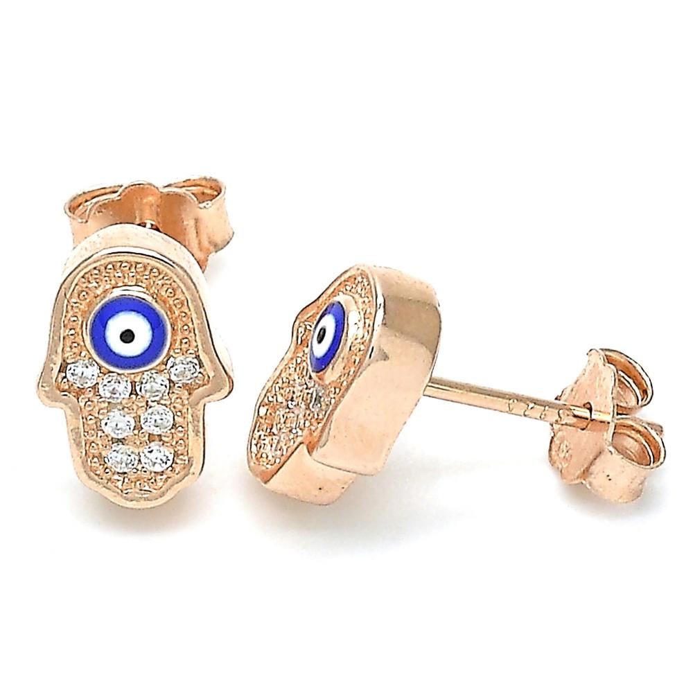 Rose Gold Earrings with Silver Rhinestone Hamsa and Blue Evil Eye