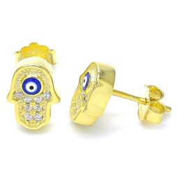 Gold Earrings with Silver Rhinestone Hamsa and Blue Evil Eye