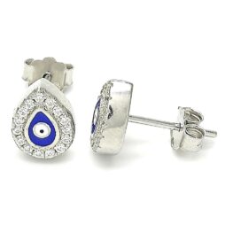 Teardrop Stud Earrings Blue Eye Design - Silver Tone