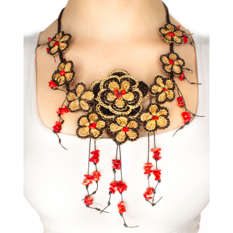 Multi Flowers with Dangling Coral Handmade Strand Necklace