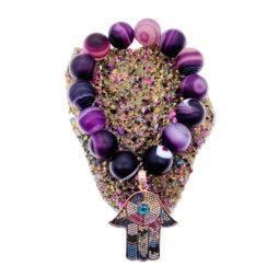 Agate Bracelet with Dangling Charm - Purple Agate Bracelet with Hamsa Charm