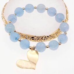 Agate Bracelet with Dangling Charm - Blue Agate Bracelet with Heart Charm