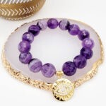 Large Amethyst Gemstone Beads in Elastic Bracelet with Charm - Amethyst Elastic Bracelet with Eye