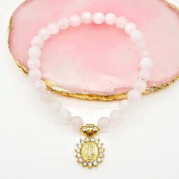 Small Rose Quartz Beads in Elastic Bracelet with Charm - Faceted Rose Quartz with Gold plated Guadalupe Charm