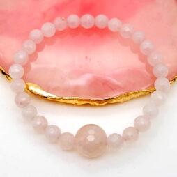 Small Rose Quartz Beads in Elastic Bracelet with Charm - Faceted Rose Quartz with One Large Bead