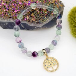 Rainbow Fluorite Beads Elastic Bracelet with Dangling Tree of Life Charm