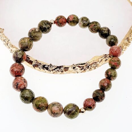 Faceted unakite with two mini gold plated beads