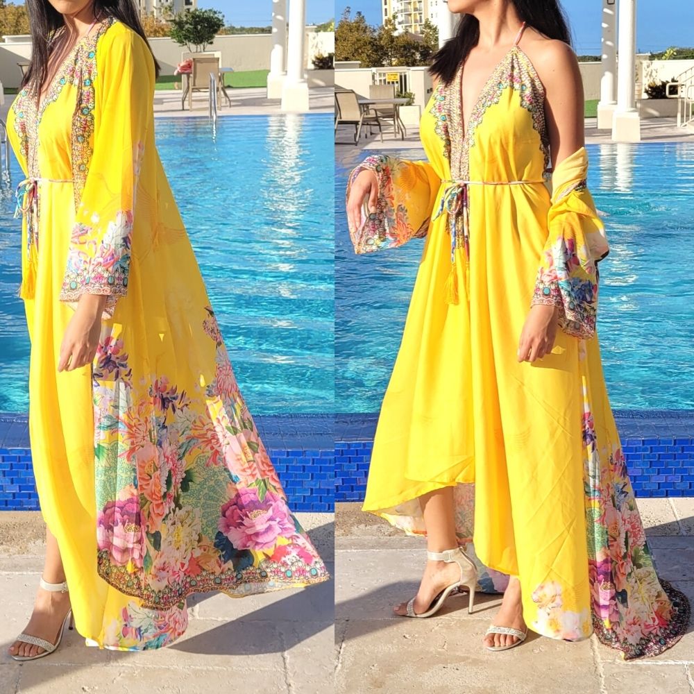 Women Elegant Halter Long Maxi Dresses/Cover Up Free Size - Yellow Duster 642