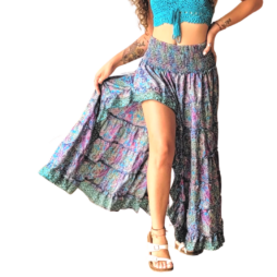 Bohemian Beach Summer Long Flamingo Smock Skirt - PURPLE/BLUE