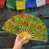 Handcrafted Thai Bamboo Folding Hand Fans with Elephant Print Fabric - Green