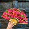 Handcrafted Thai Bamboo Folding Hand Fans with Elephant Print Fabric - Pink